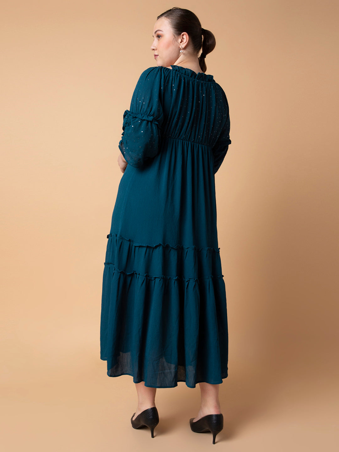 Women's Casual Solid Teal Fit and Flare Midi Dress