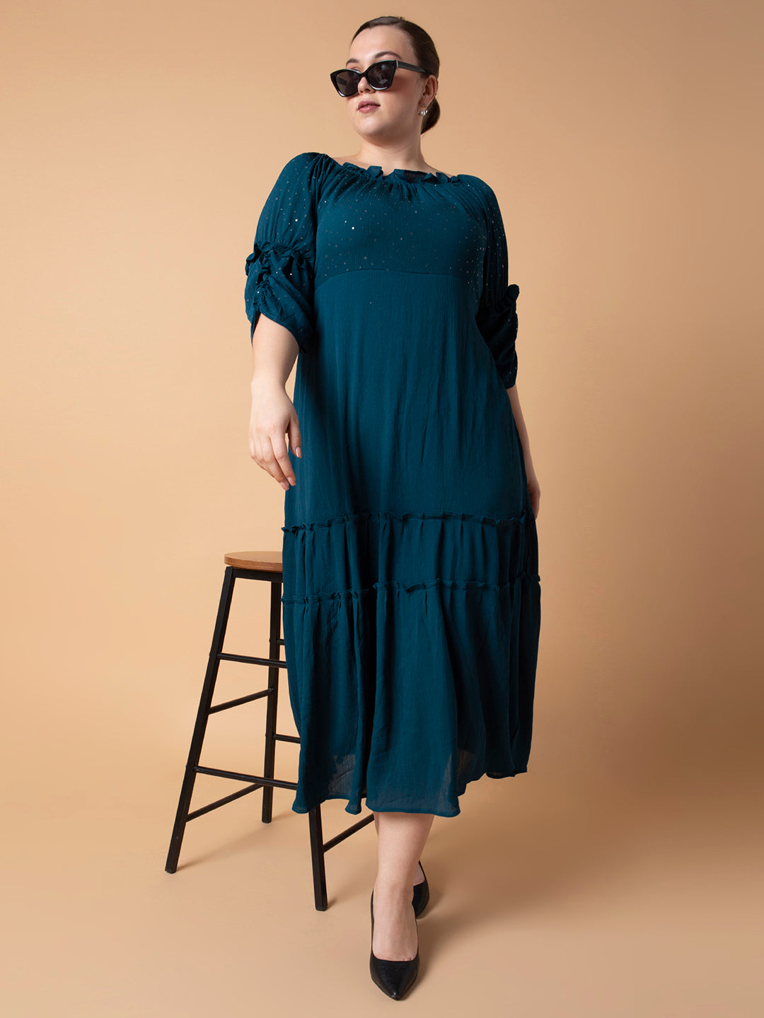Women's Casual Solid Teal Fit and Flare Midi Dress