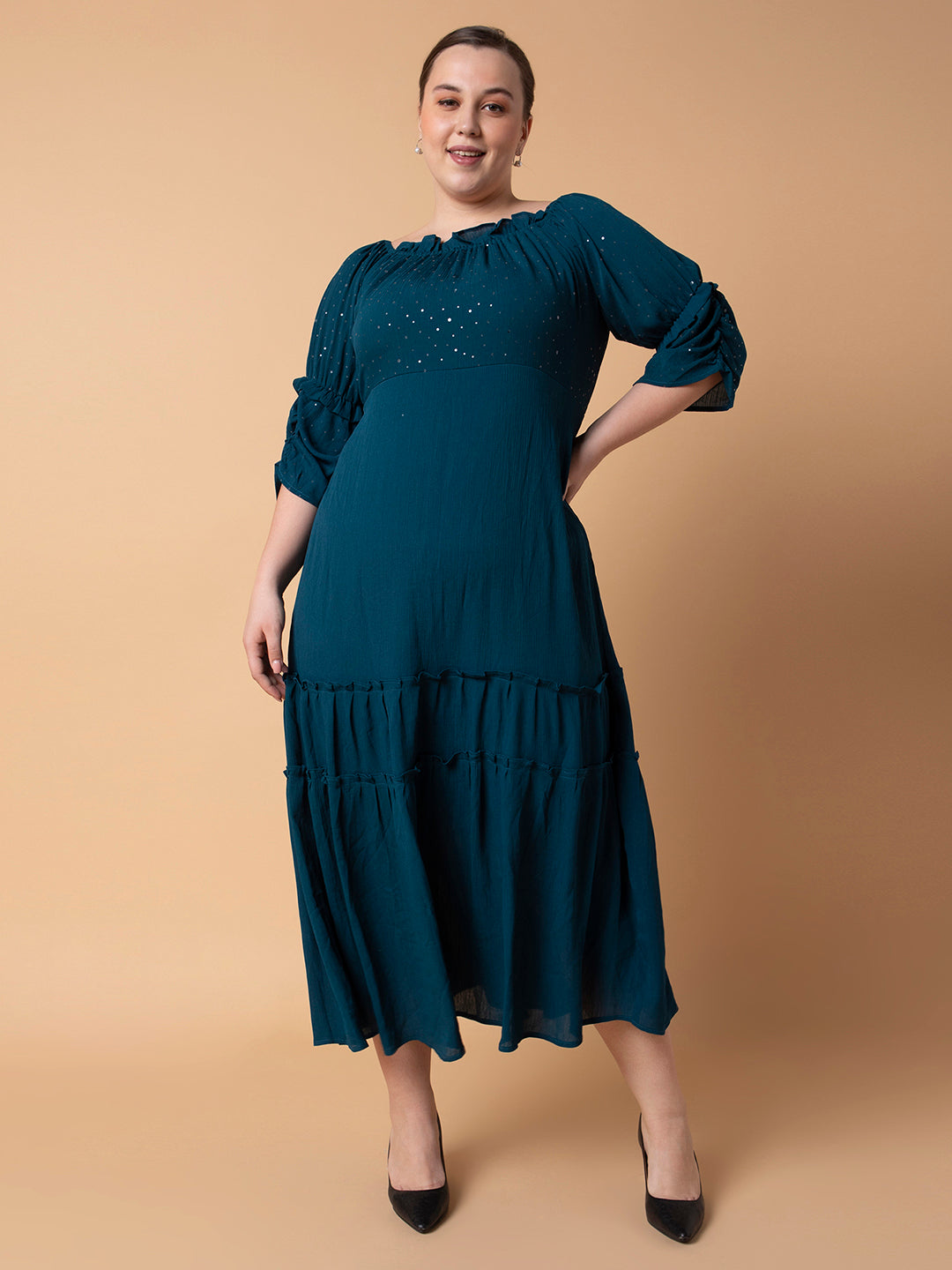 Women's Casual Solid Teal Fit and Flare Midi Dress