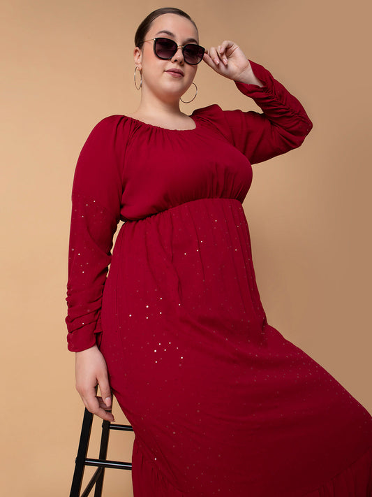Women's Maroon Fit and Flare Maxi Dress