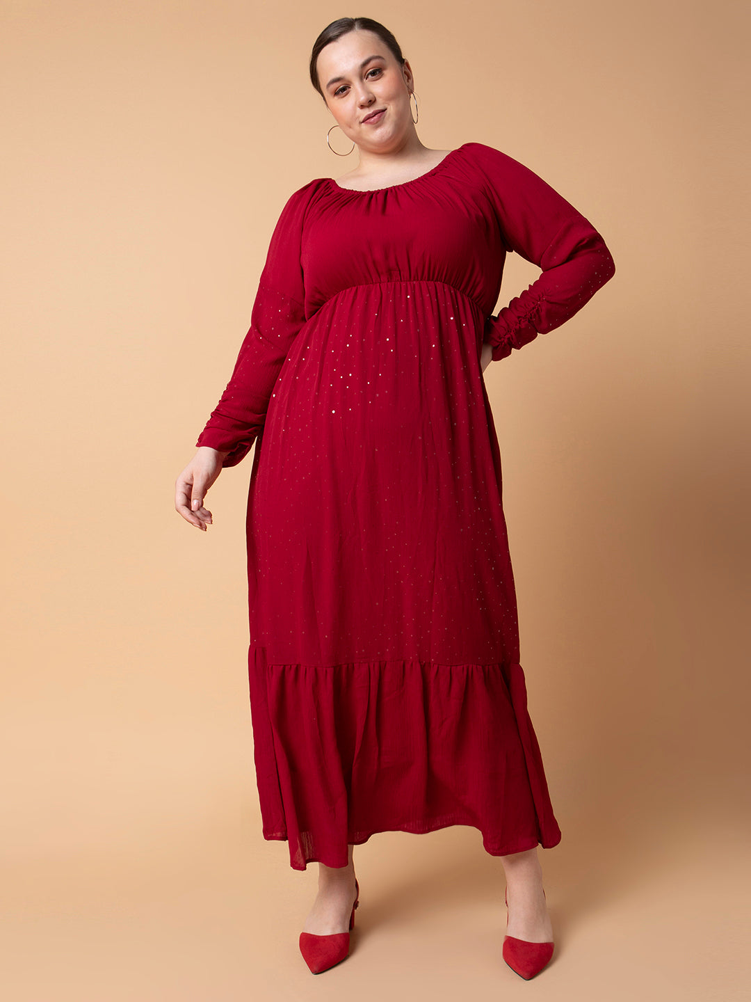 Women's Maroon Fit and Flare Maxi Dress