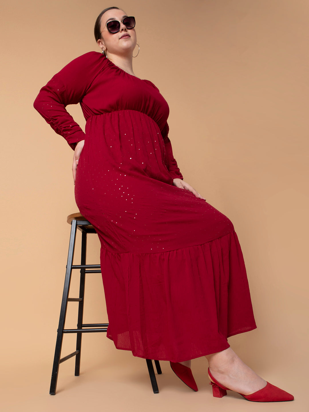 Women's Maroon Fit and Flare Maxi Dress