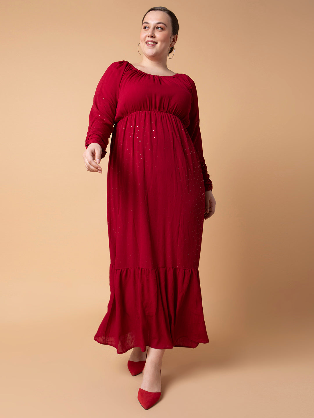 Women's Maroon Fit and Flare Maxi Dress