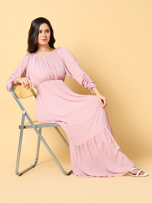 Women's Pink Puff Sleeves Fit & Flare Maxi Dress