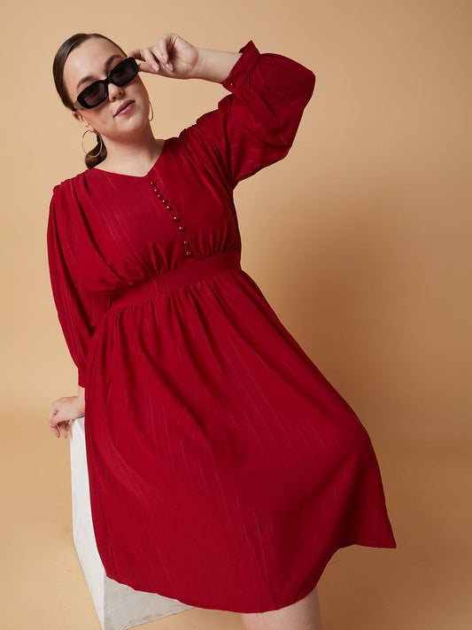 Women's Maroon Puff Sleeve Fit & Flare Dress