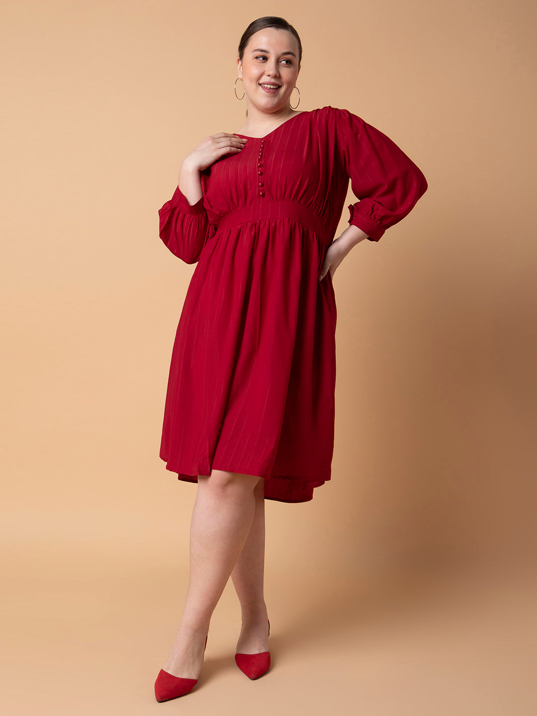 Women's Maroon Puff Sleeve Fit & Flare Dress