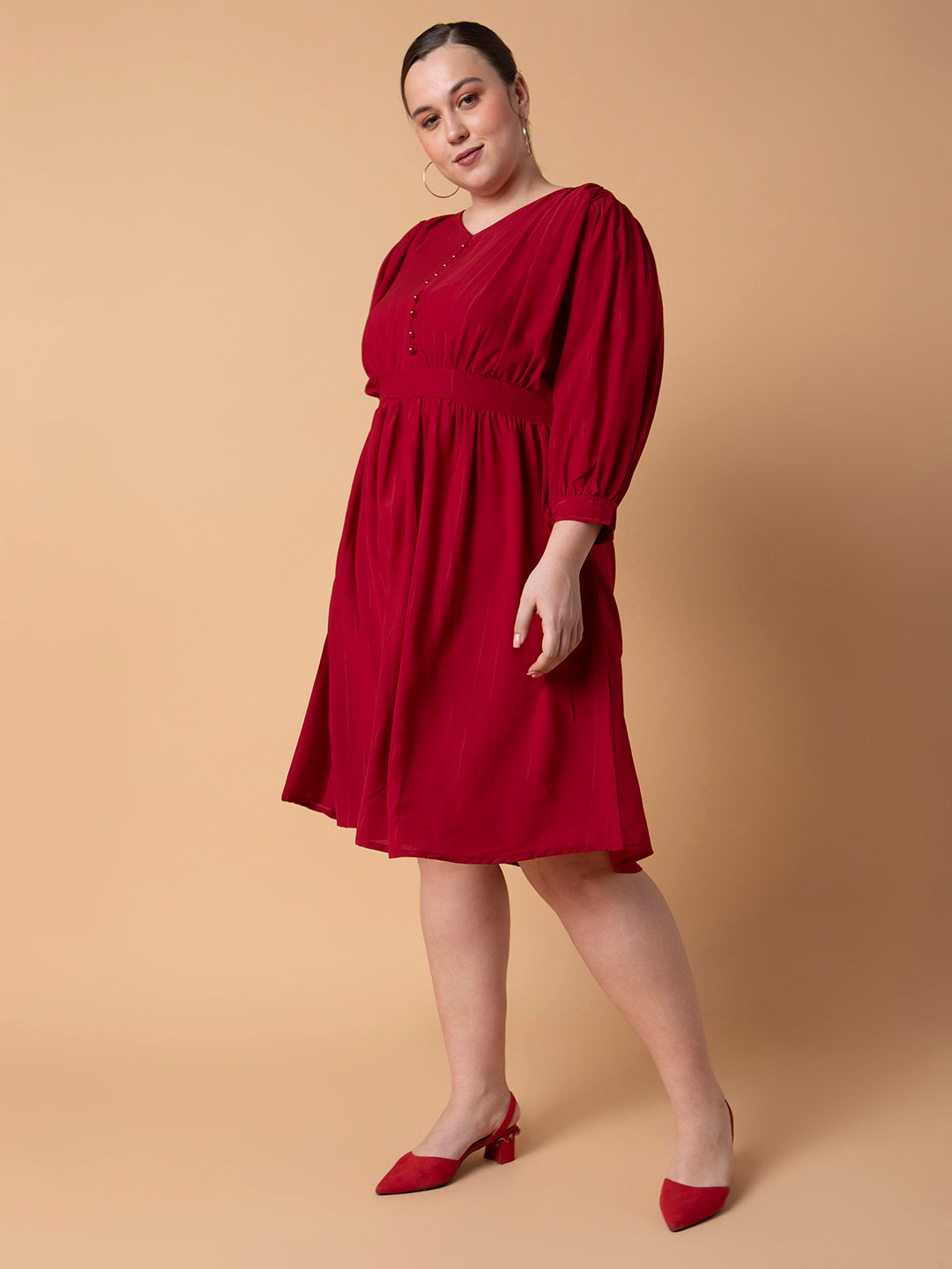 Women's Maroon Puff Sleeve Fit & Flare Dress