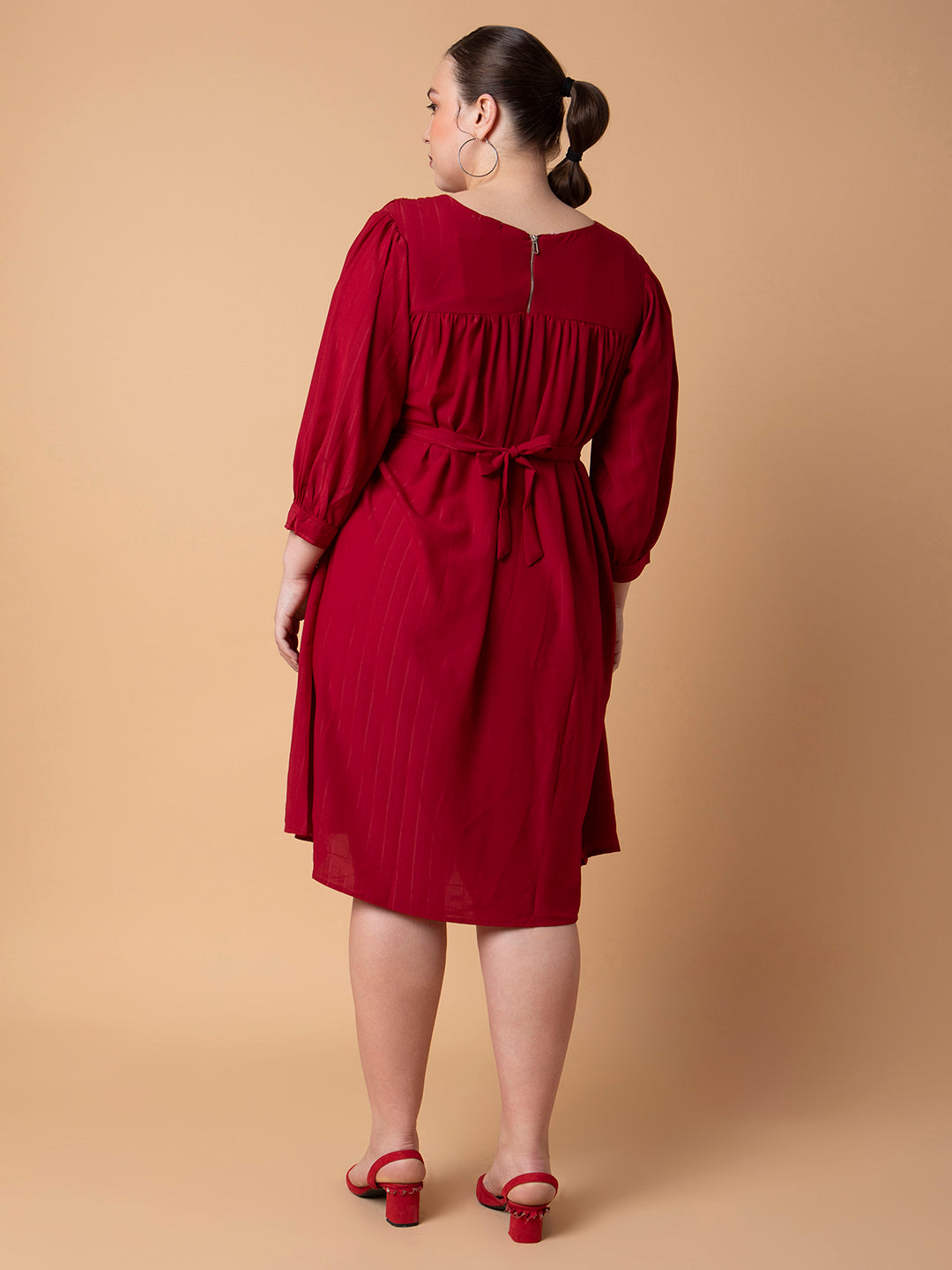 Women's Maroon Puff Sleeve Fit & Flare Dress