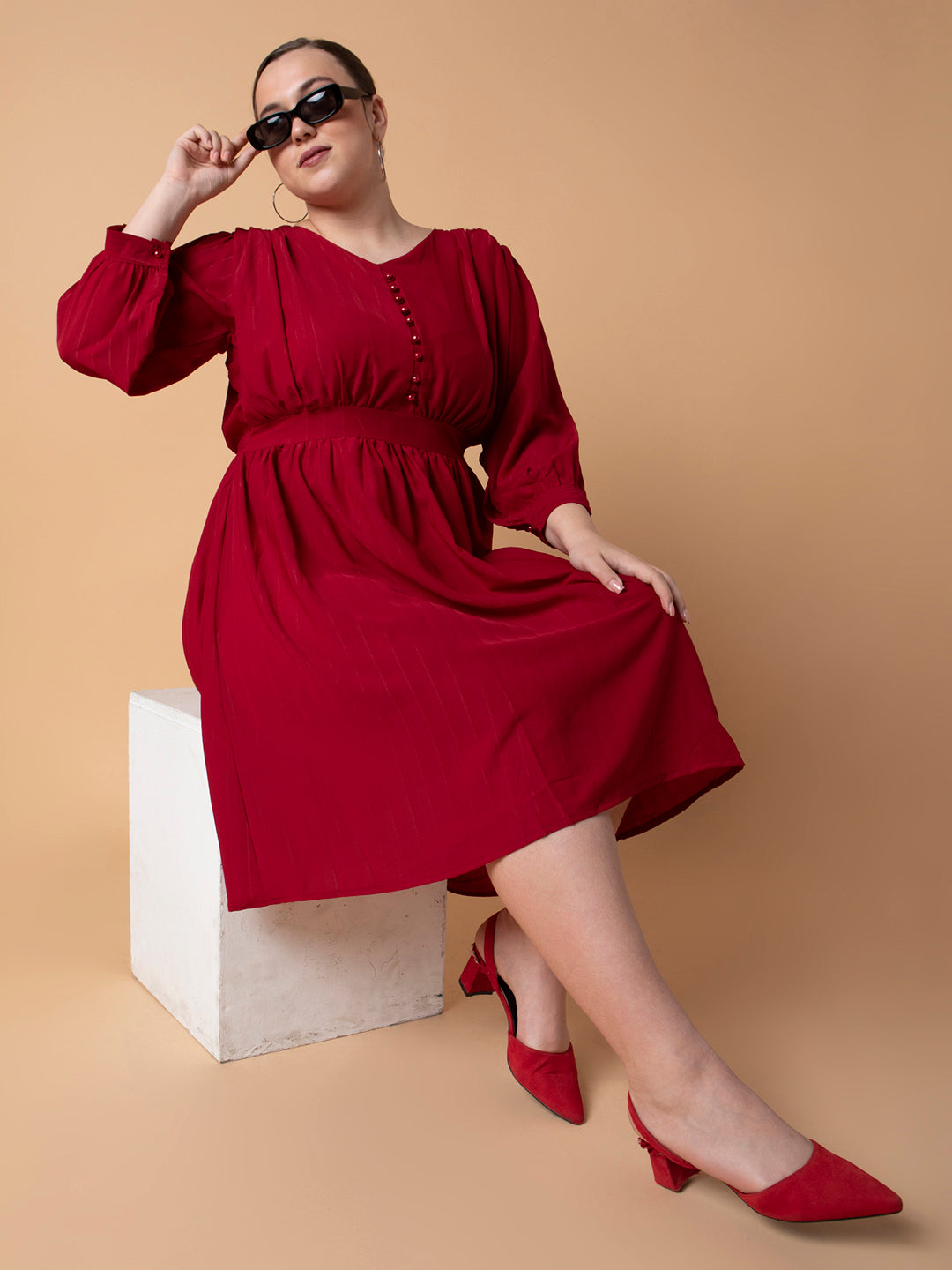Women's Maroon Puff Sleeve Fit & Flare Dress