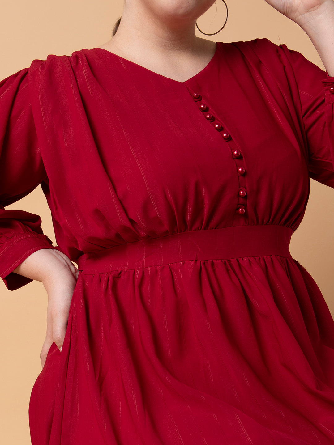 Women's Maroon Puff Sleeve Fit & Flare Dress