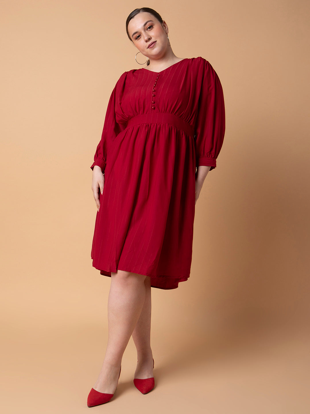 Women's Maroon Puff Sleeve Fit & Flare Dress