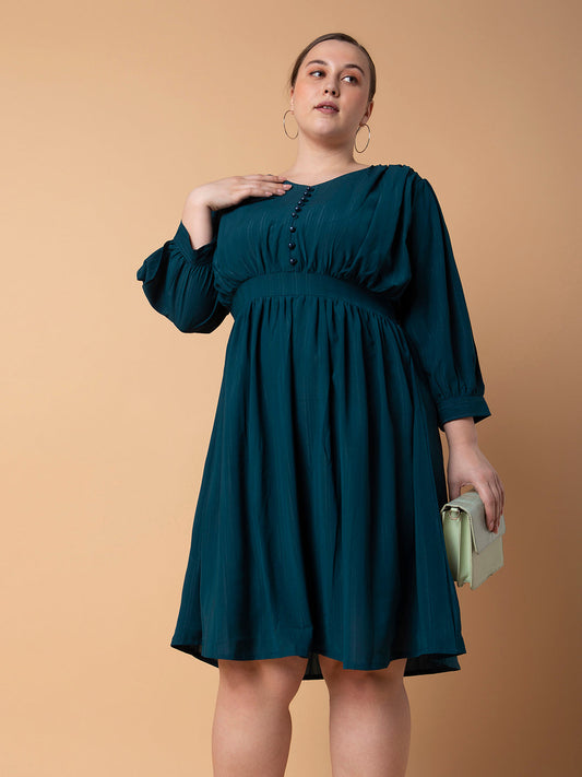 Women's Solid Teal Fit and Flare Midi Dress