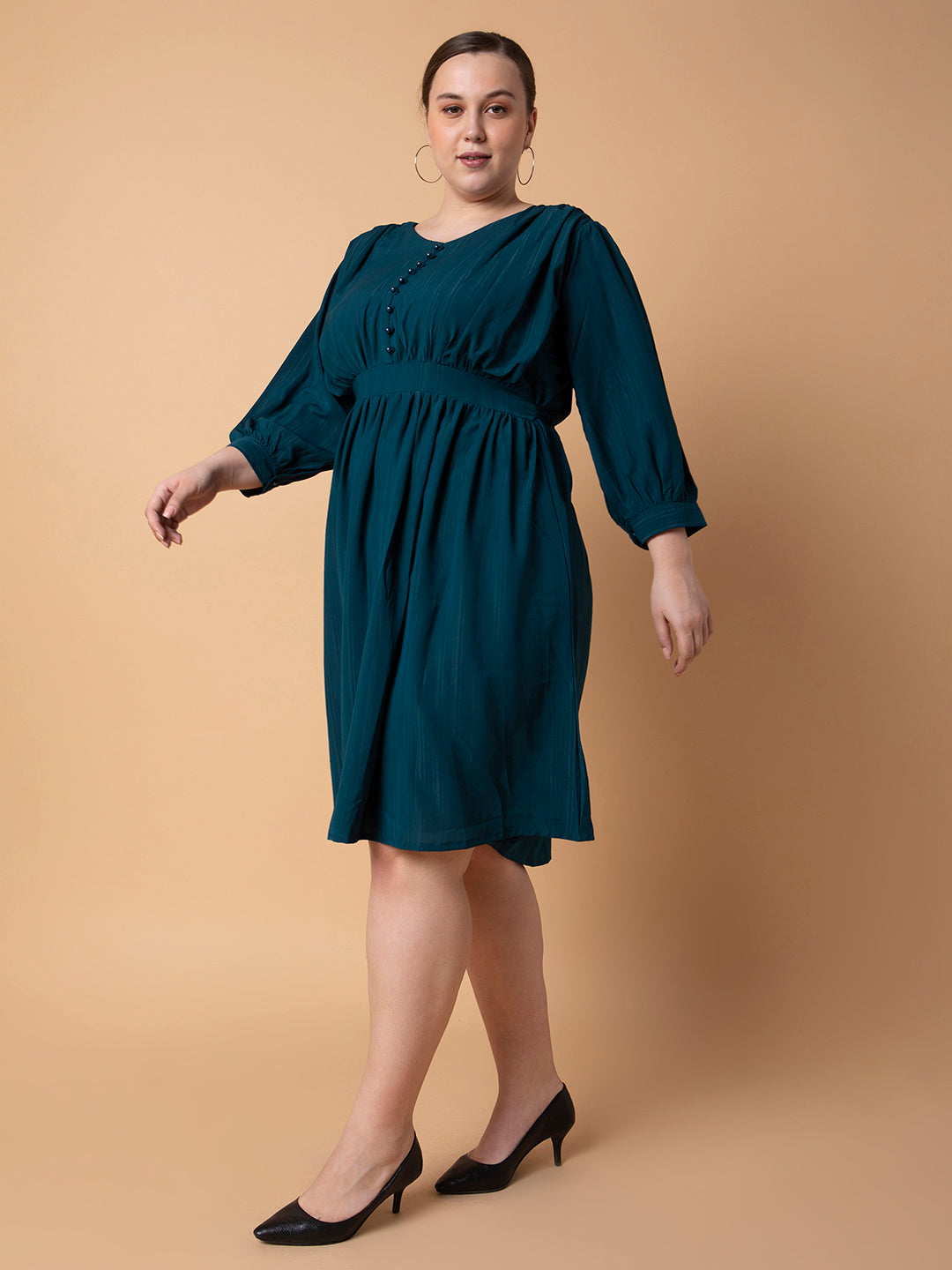 Women's Solid Teal Fit and Flare Midi Dress