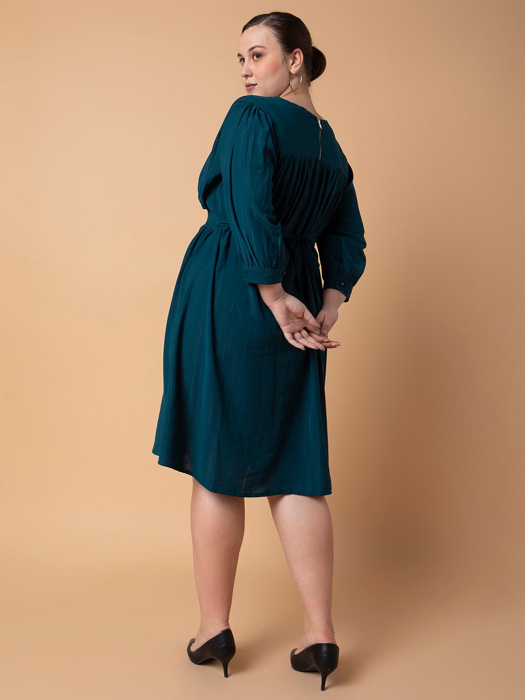 Women's Solid Teal Fit and Flare Midi Dress