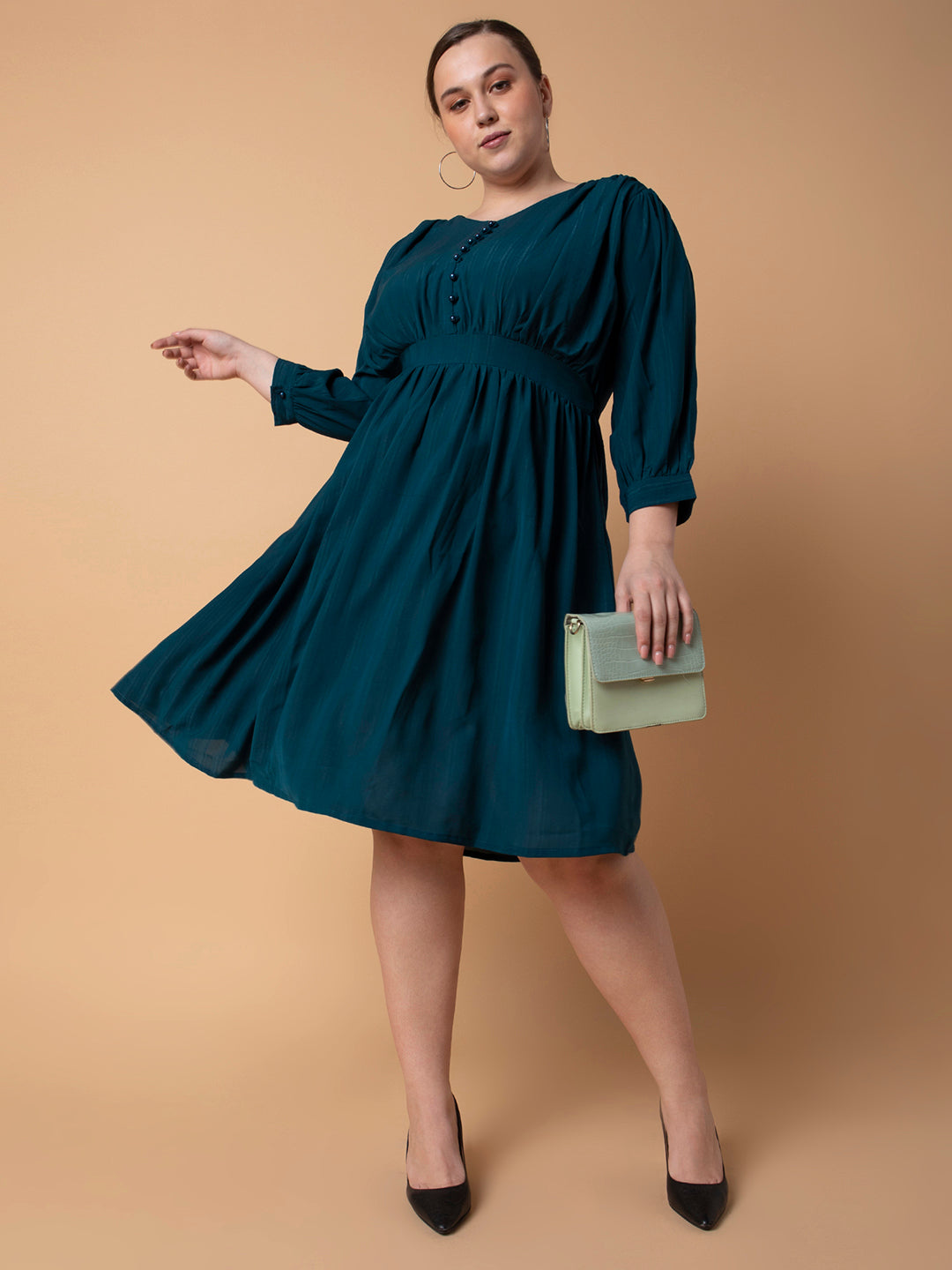 Women's Solid Teal Fit and Flare Midi Dress