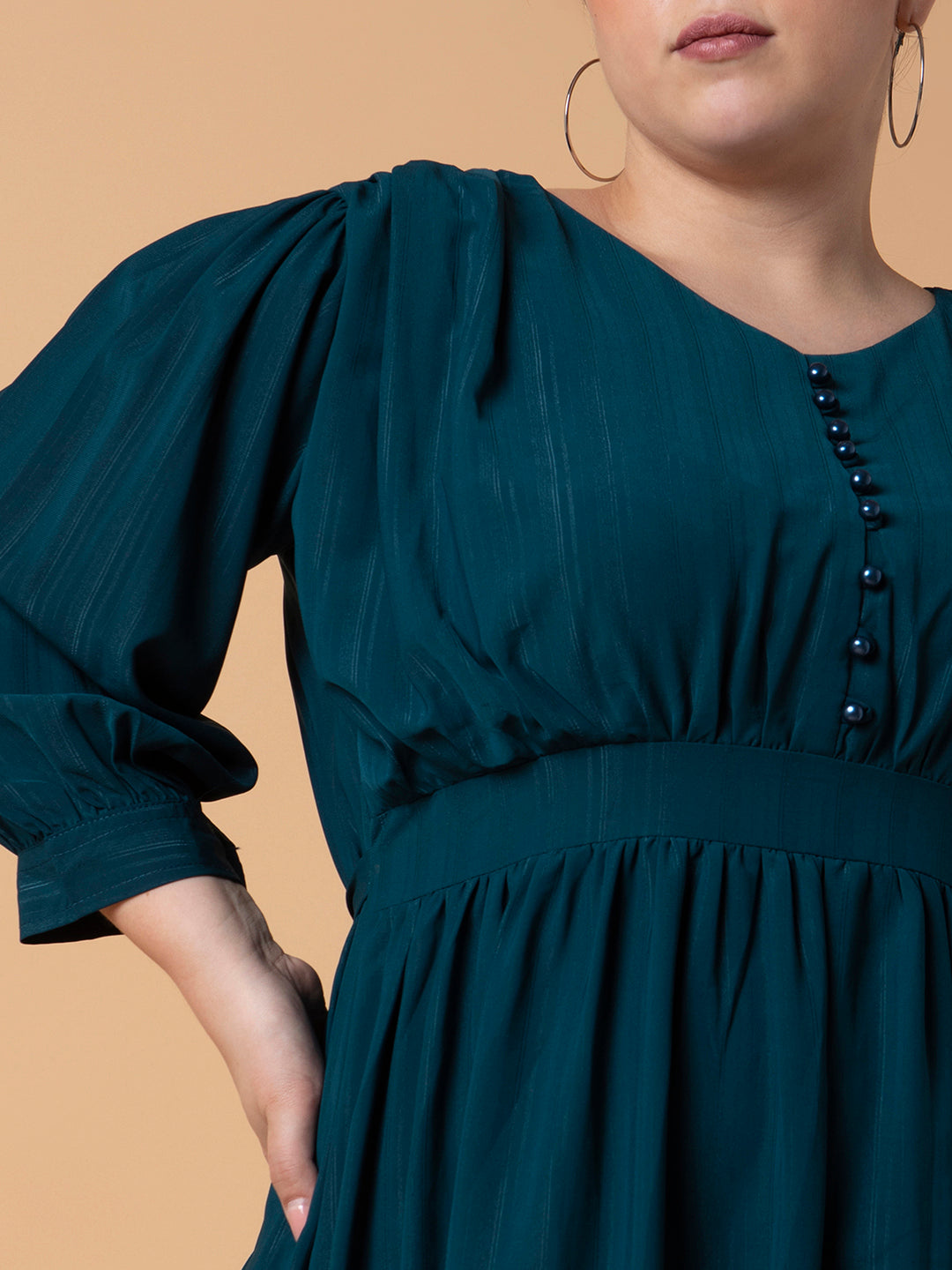 Women's Solid Teal Fit and Flare Midi Dress