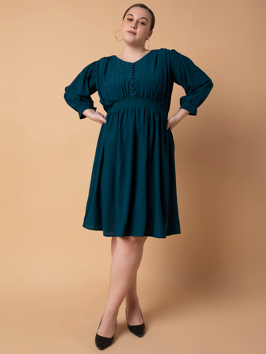 Women's Solid Teal Fit and Flare Midi Dress