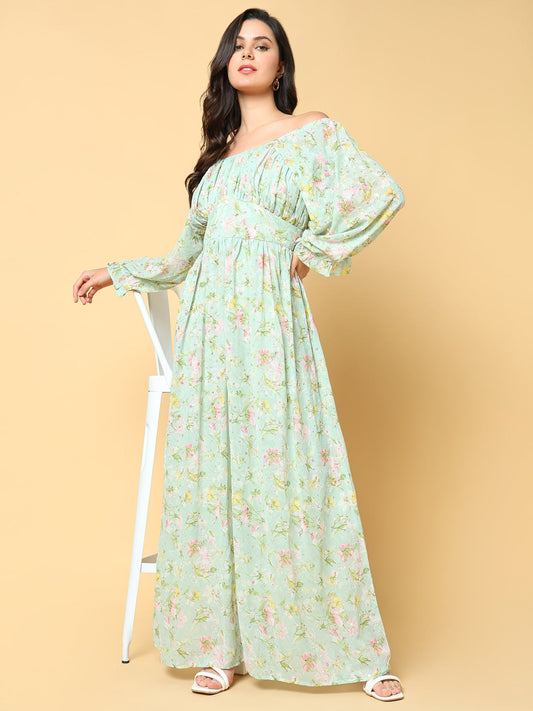 Women's Green Floral Print Off-Shoulder Puff Sleeve Georgette Fit & Flare Maxi Dress