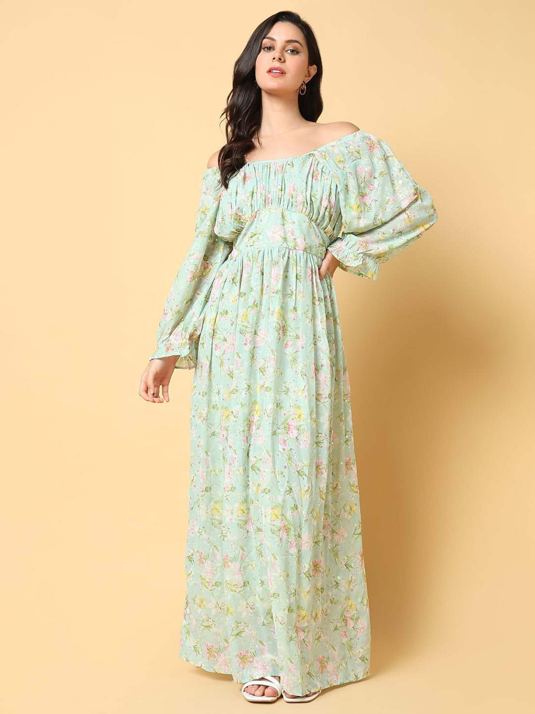 Women's Green Floral Print Off-Shoulder Puff Sleeve Georgette Fit & Flare Maxi Dress