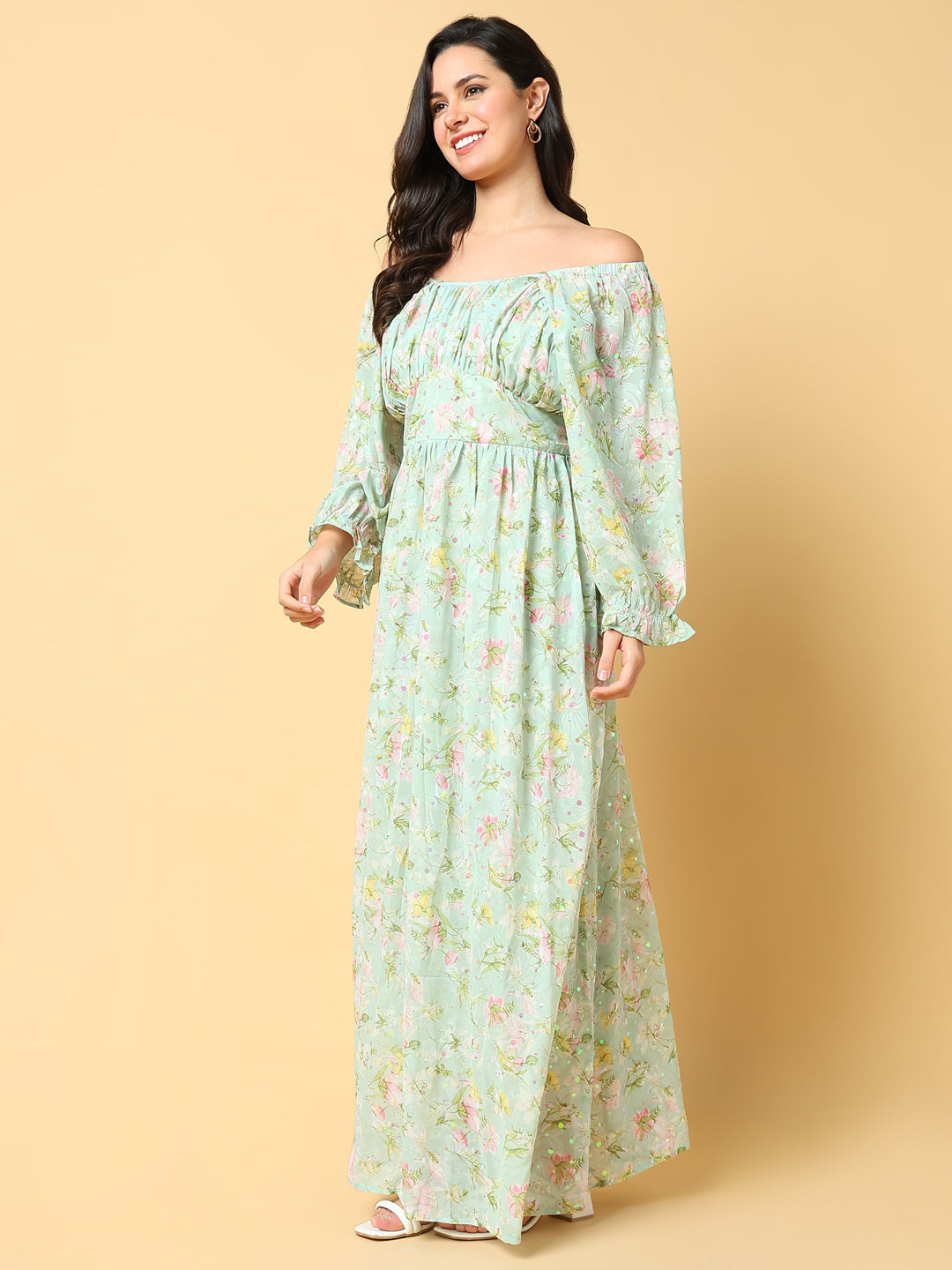 Women's Green Floral Print Off-Shoulder Puff Sleeve Georgette Fit & Flare Maxi Dress