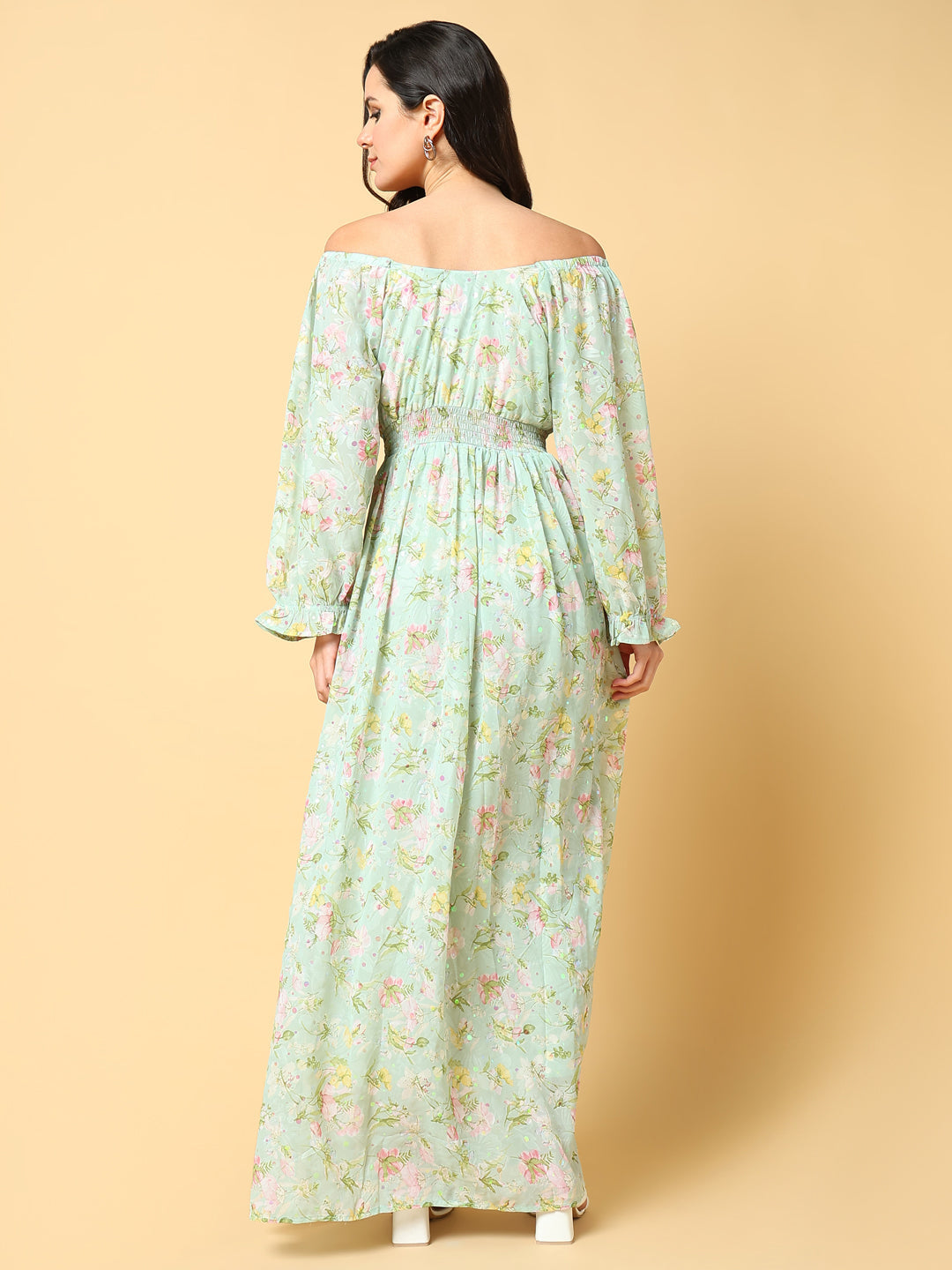 Women's Green Floral Print Off-Shoulder Puff Sleeve Georgette Fit & Flare Maxi Dress