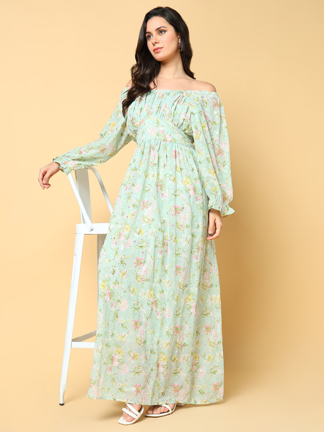 Women's Green Floral Print Off-Shoulder Puff Sleeve Georgette Fit & Flare Maxi Dress