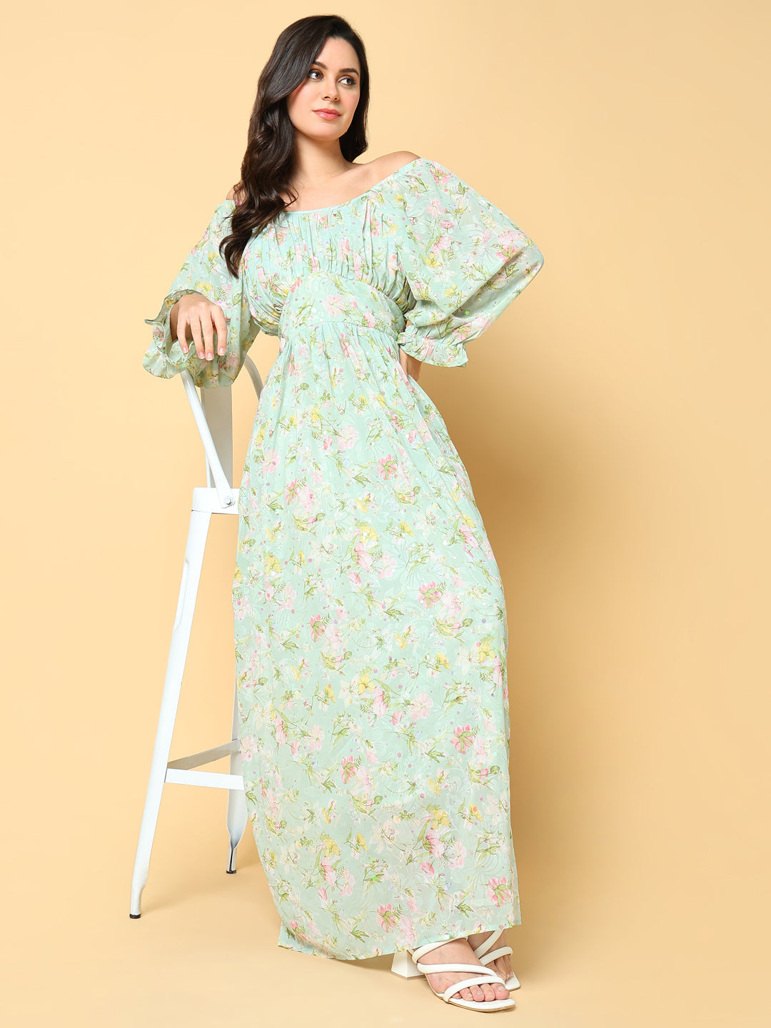 Women's Green Floral Print Off-Shoulder Puff Sleeve Georgette Fit & Flare Maxi Dress