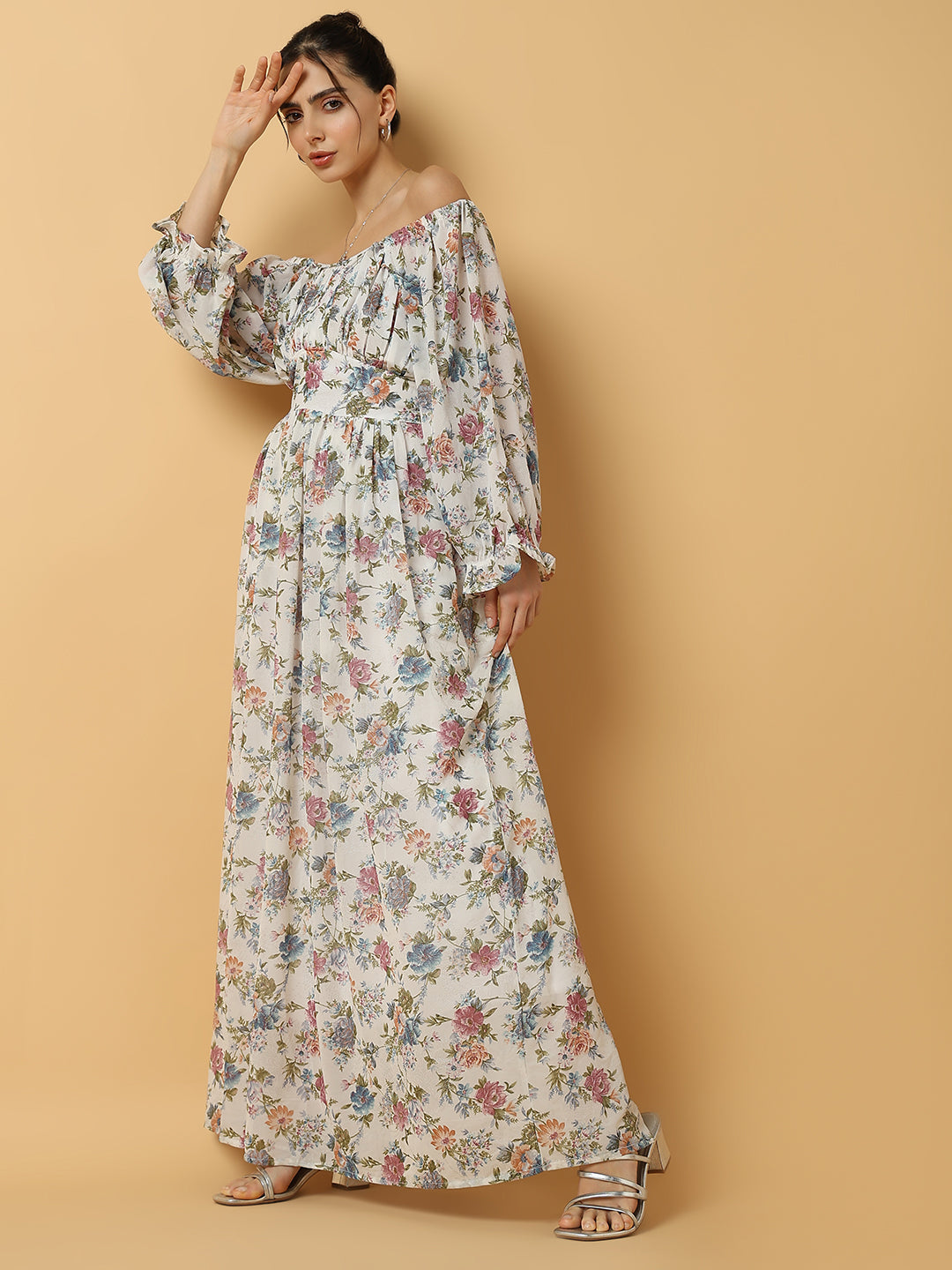 Women's Floral White Maxi Fit and Flare Dress