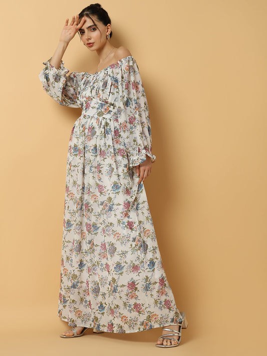Women's Floral White Maxi Fit and Flare Dress