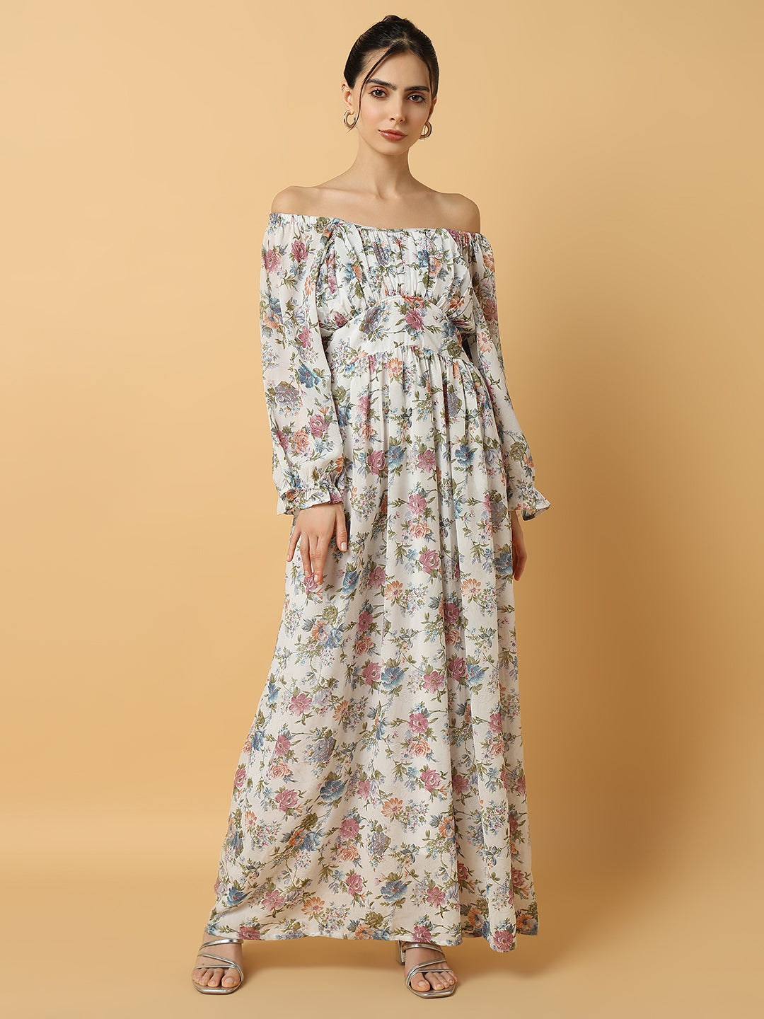 Women's Floral White Maxi Fit and Flare Dress