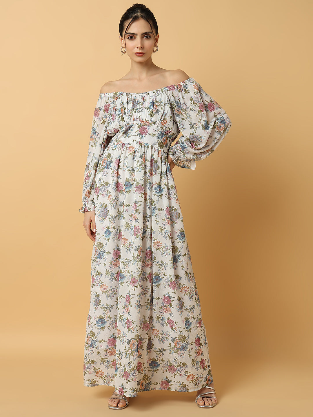 Women's Floral White Maxi Fit and Flare Dress
