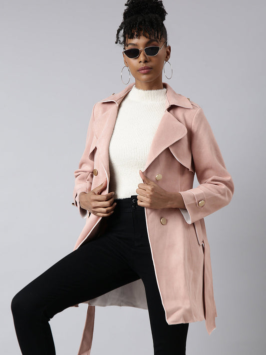 Women's Peach Lapel Collar Longline Trench Coat with Belt