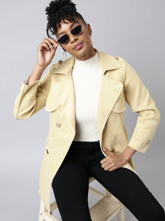 Women's Yellow Notched Lapel Collar Longline Trench Coat