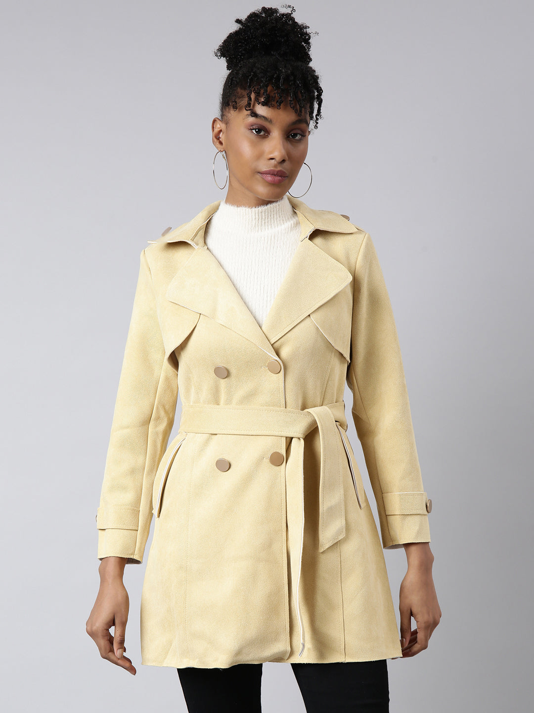 Women's Yellow Notched Lapel Collar Longline Trench Coat