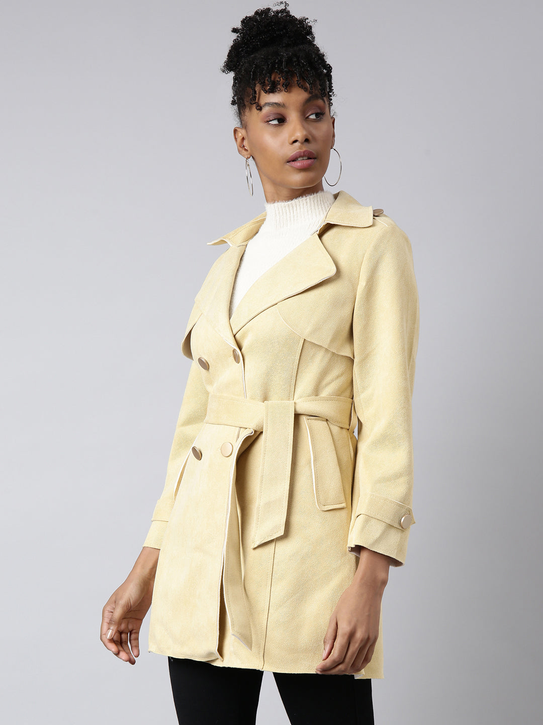 Women's Yellow Notched Lapel Collar Longline Trench Coat
