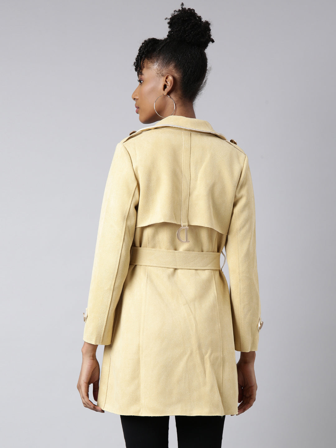 Women's Yellow Notched Lapel Collar Longline Trench Coat