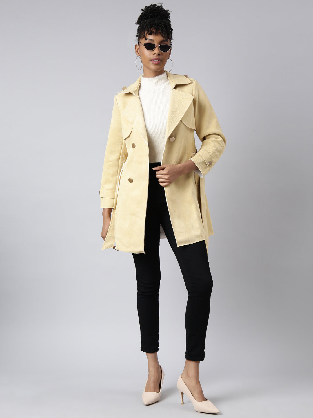 Women's Yellow Notched Lapel Collar Longline Trench Coat