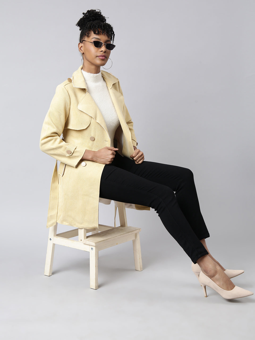 Women's Yellow Notched Lapel Collar Longline Trench Coat