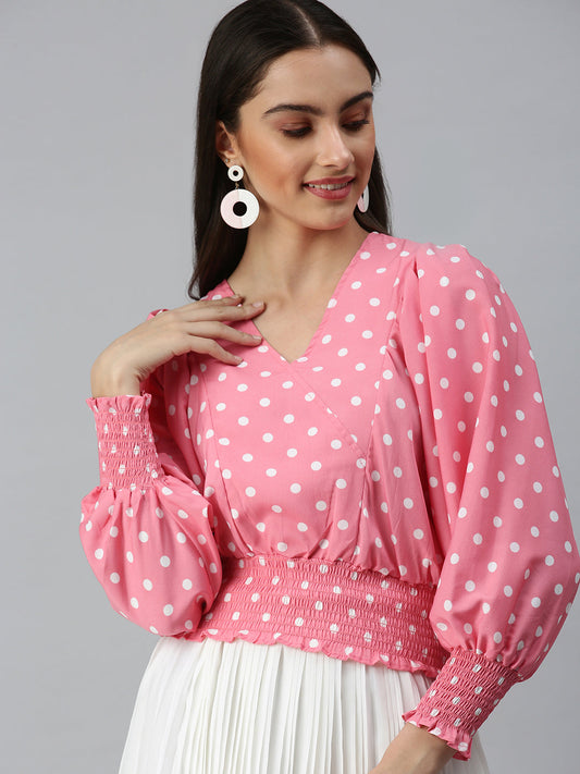 Women's Pink Print Crepe Blouson Top