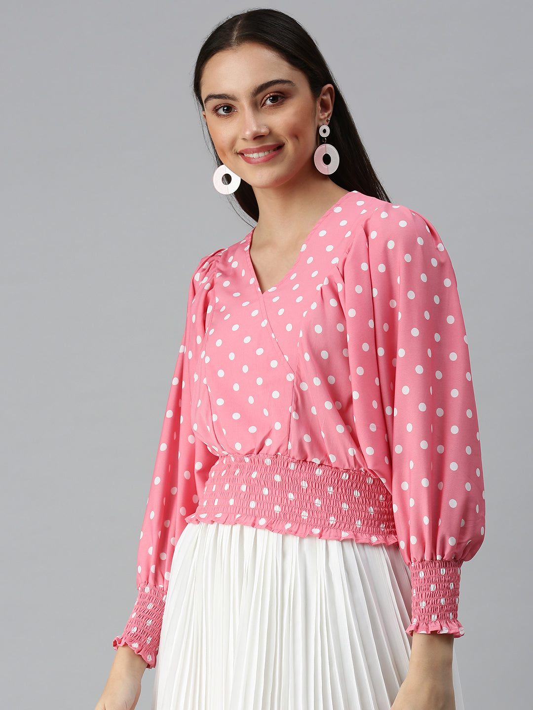 Women's Pink Print Crepe Blouson Top