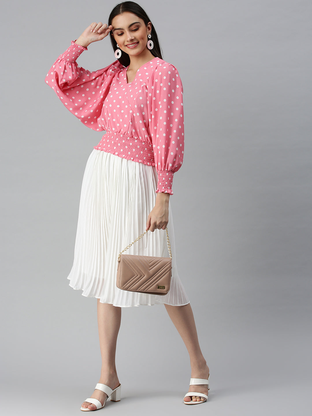 Women's Pink Print Crepe Blouson Top