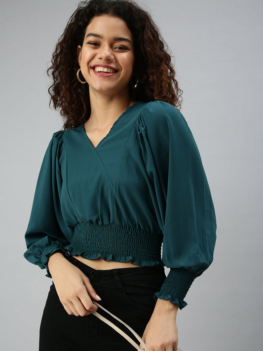 Women's Green Crepe Blouson Crop Top
