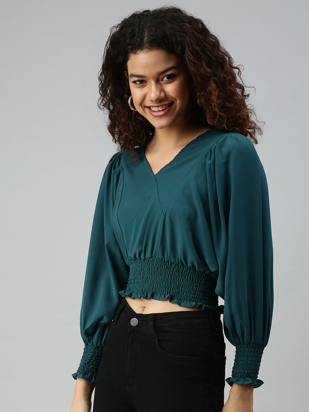 Women's Green Crepe Blouson Crop Top