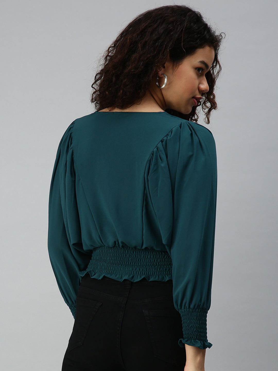 Women's Green Crepe Blouson Crop Top