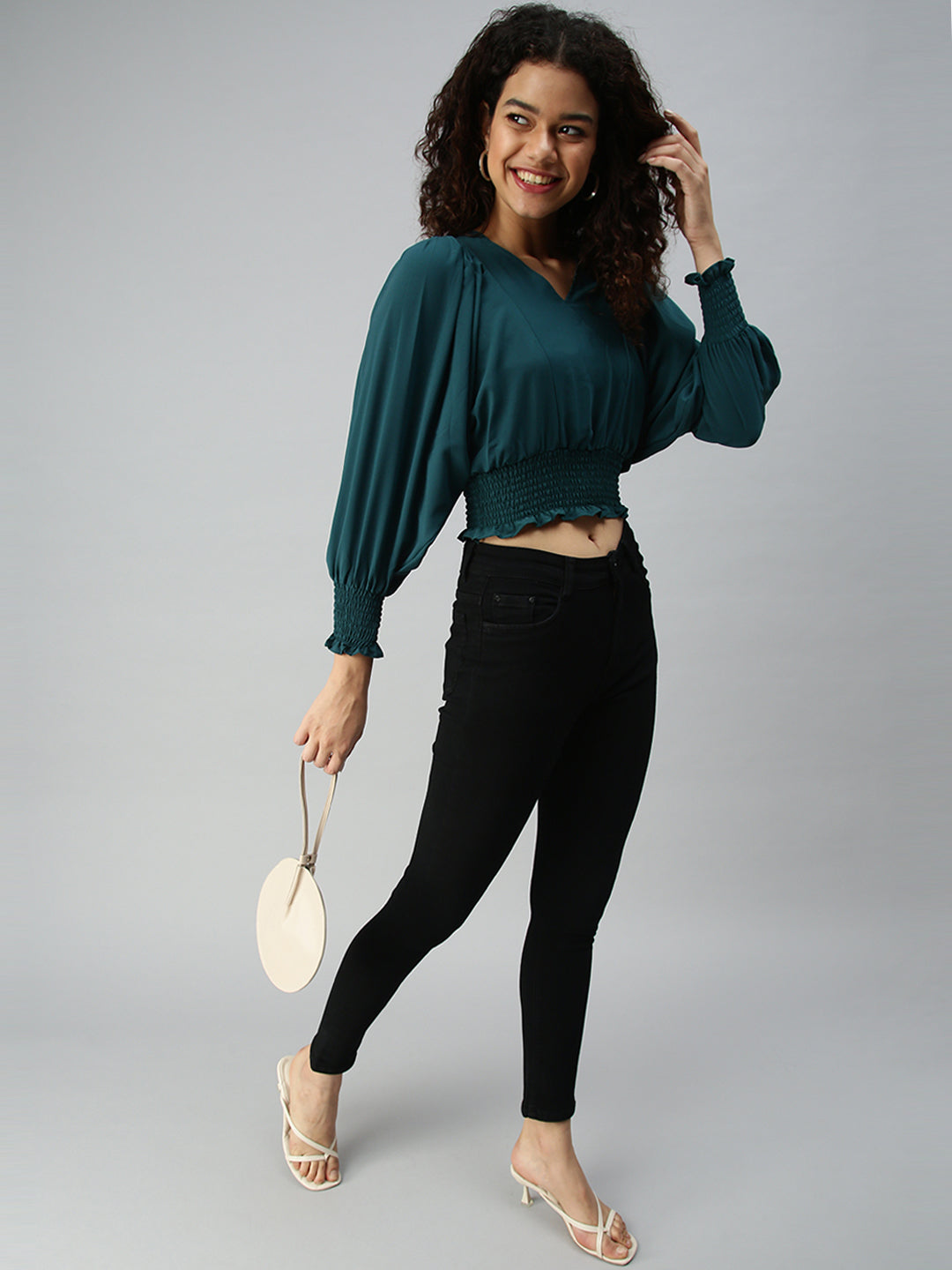 Women's Green Crepe Blouson Crop Top