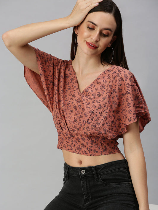 Women's Brown Floral Print Crepe Blouson Crop Top