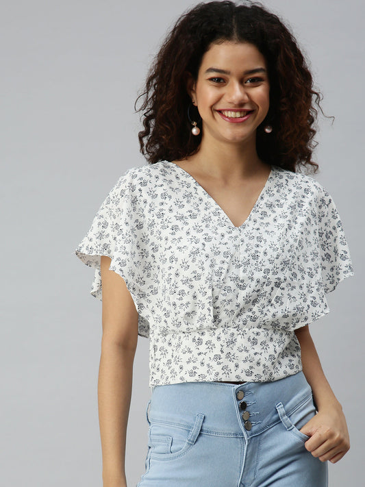 Women's White Floral Print Crepe Bardot Top