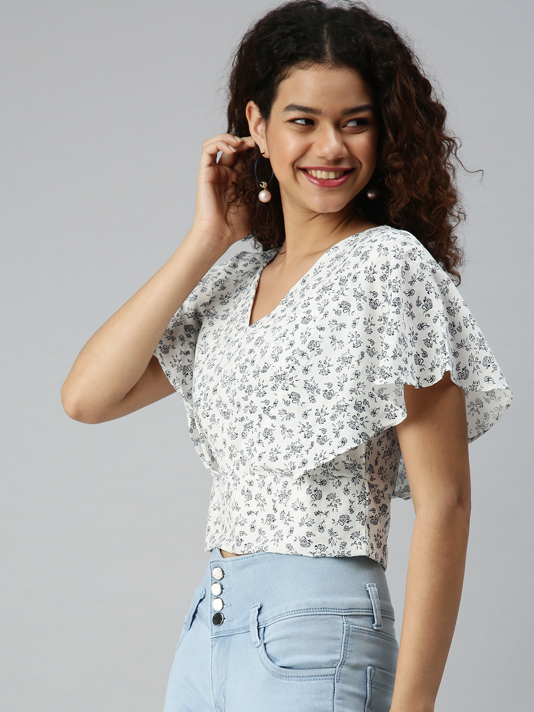 Women's White Floral Print Crepe Bardot Top
