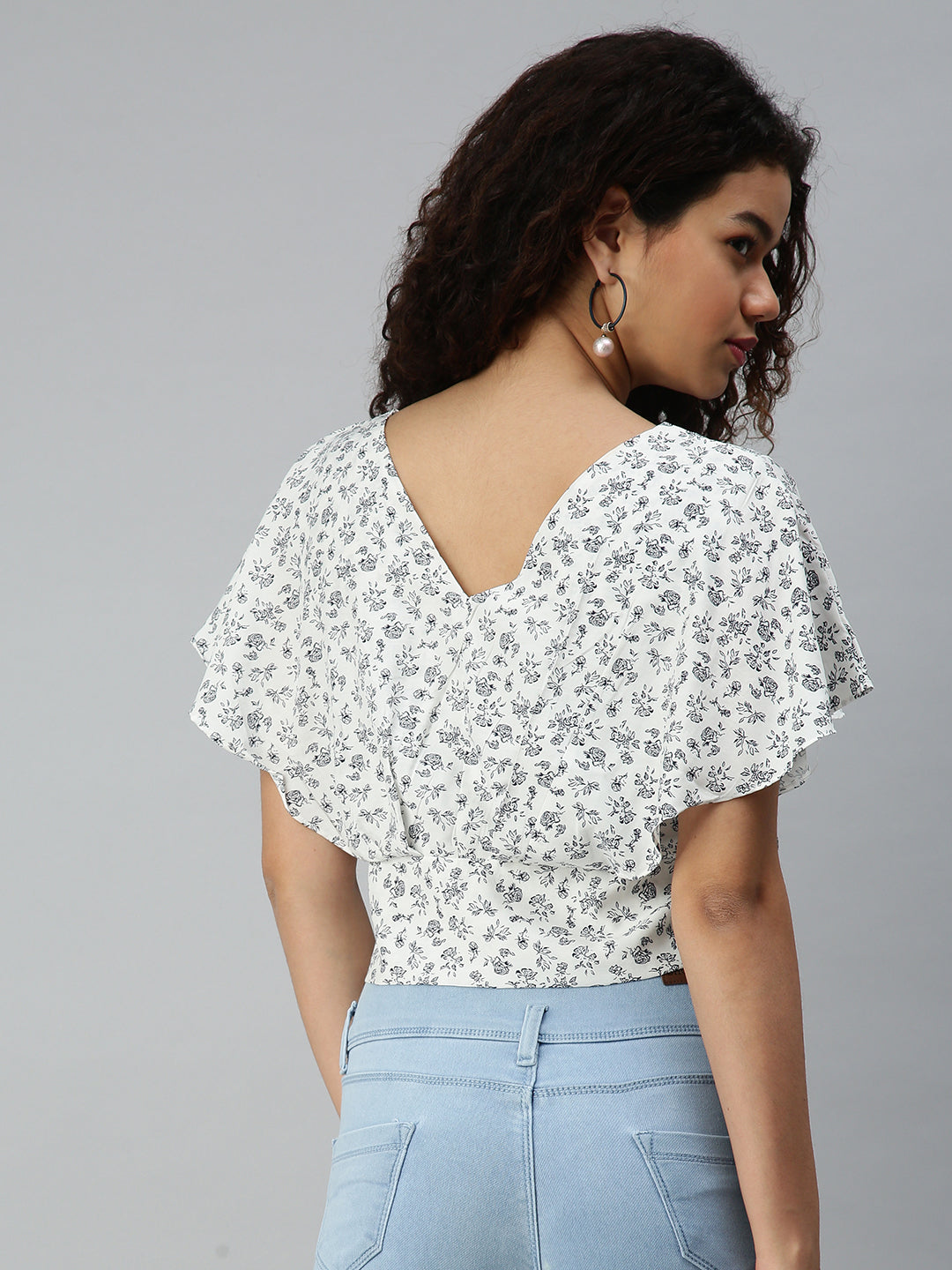 Women's White Floral Print Crepe Bardot Top