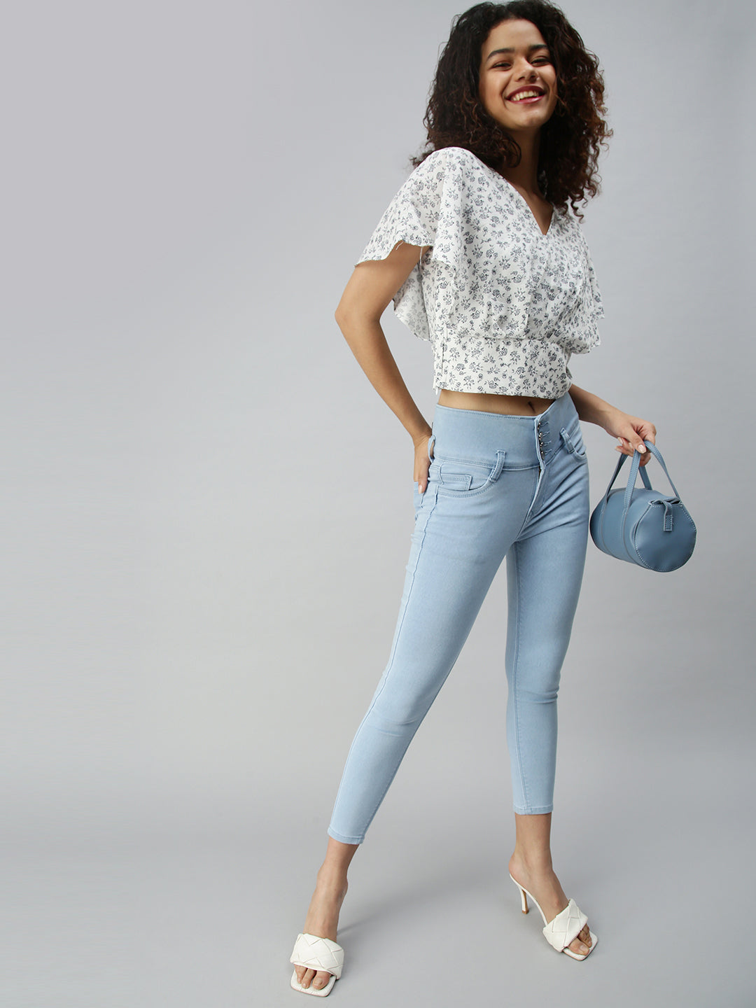 Women's White Floral Print Crepe Bardot Top